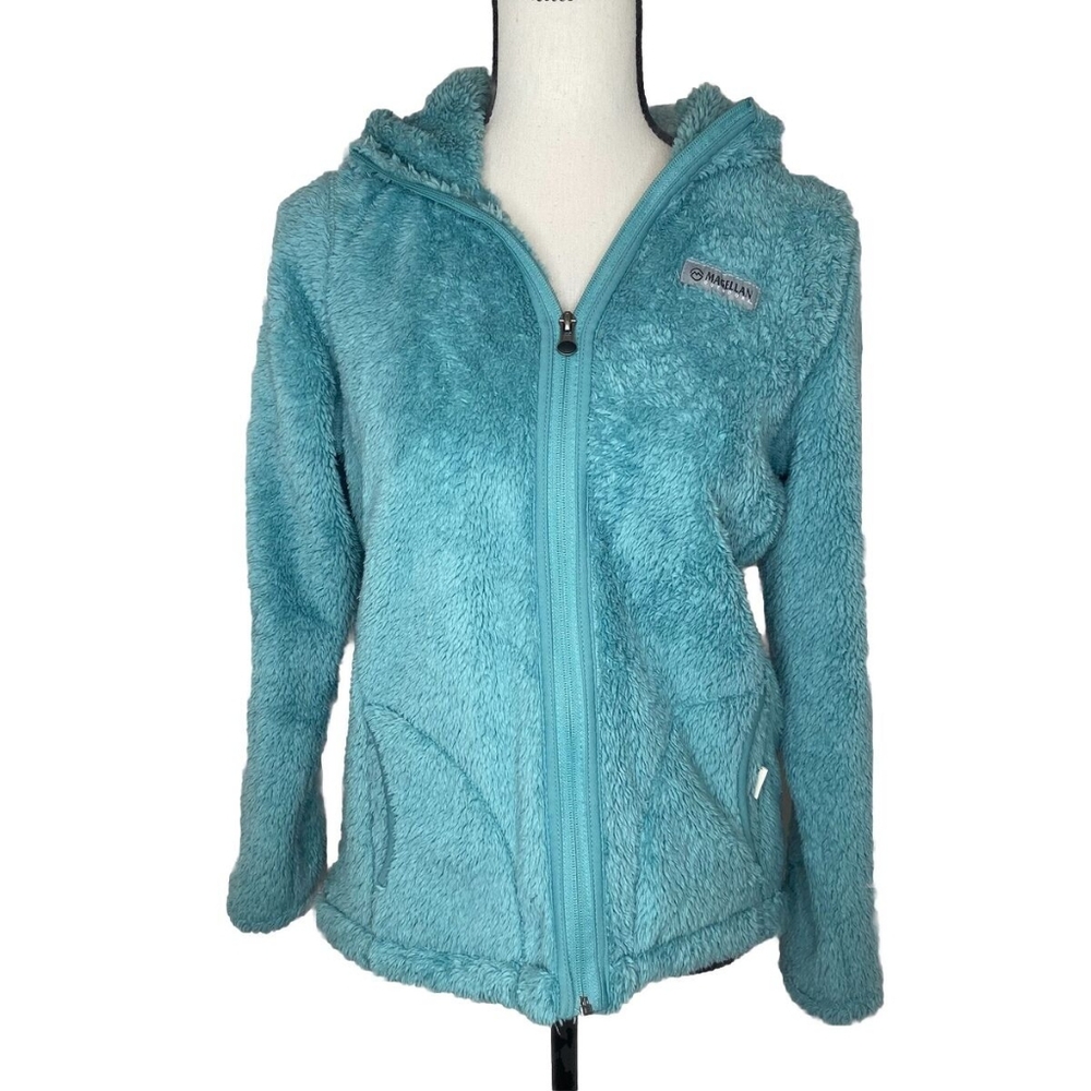 Magellan Full Zip Turquoise Fuzzy Fleece Long Hooded Jacket Size Small